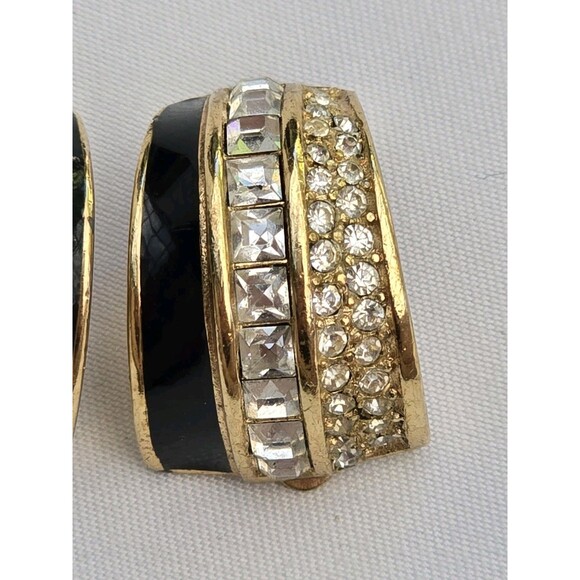 Vintage Gold tone CHRISTIAN DIOR Clip Earrings Clear Rhinestones Black Enamel - Picture 3 of 9